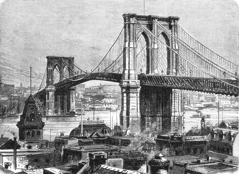 Bridge spanning the East River between New York and Brooklyn, showing its iconic suspension design, massive stone towers, and steel cable network, old vintage illustration, 1899.