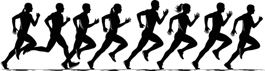 Set of black runner silhouettes in motion, group of men and women jogging or sprinting for fitness and marathon concept