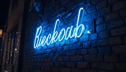 Blue neon light glowing on urban brick wall at night creating moody futuristic atmosphere scene