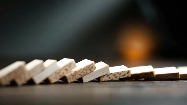 Domino effect concept showcasing sequence and cause and effect. Domino pieces in a row show chain reaction 