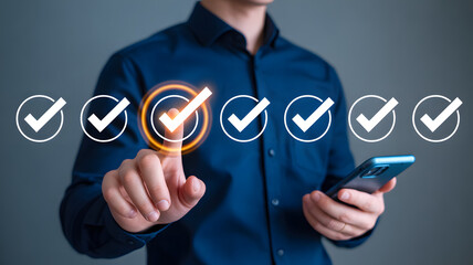 Businessperson using smartphone with glowing checkmark icons symbolizing task completion and progress tracking

