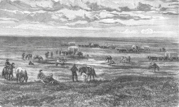 North American prairie landscape with settlers' covered wagons stopped at a campsite during their westward migration, old vintage illustration, 1899