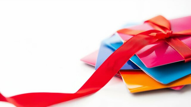 Colorful credit card stack tied with red ribbon for online shopping payment protection encryption