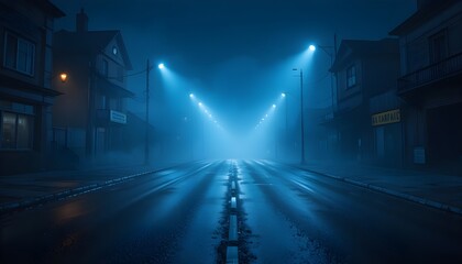 Dark Blue Foggy Street Background with Wet Asphalt, Searchlight Glow, Laser Beams, and Smoke Atmosphere