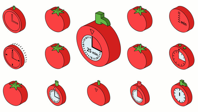 Isometric vector icons set for Pomodoro Technique. Tomato-shaped timers illustrating time management, productivity, and focus strategies.