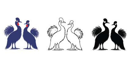 Fototapeta premium A set of colorful and monochromatic illustrations of two cranes facing each other