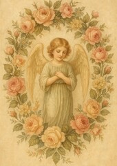Fototapeta premium Vintage angel floral mobile wallpaper.