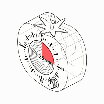 Detailed isometric line art illustration of a classic Pomodoro timer, displaying a 25-minute interval for enhanced productivity and time management.