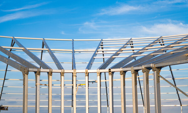 Architectural detail outdoor. Installation of metal structure. Metal construction backdrop. Structural engineering. Structure engineering at building site. Framework construction architecture