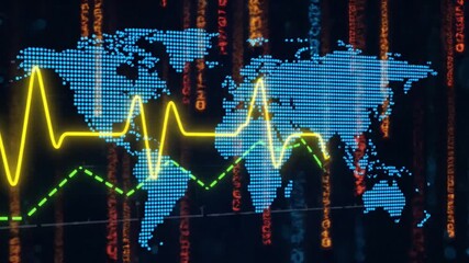 A global digital map displays fluctuating data trends with neon lines on a screen. - Powered by Adobe