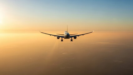 Obraz premium Airplane flying through sunrise sky, commercial jet in flight