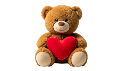 Teddy bear holding a red heart isolated on transparent background