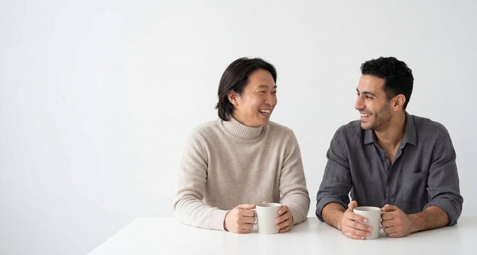 Two friends of different cultures sharing genuine laughter over coffee  
