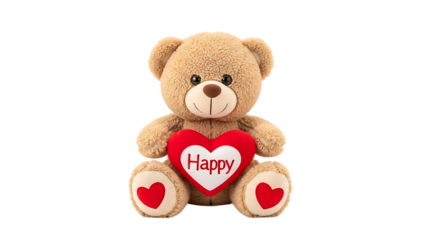 Teddy bear holding a heart that says happy isolated on transparent background
