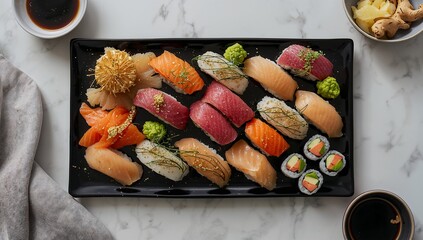 New Year’s sushi platter with assorted fresh sushi pieces, colorful presentation, clean elegant arrangement, festive dining centerpiece symbolizing celebration, balance, and refined Japanese cuisine