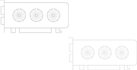 GPU graphics card outline icon set with solid and dashed stroke, computer hardware video card line drawing isolated on white background vector