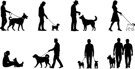 Collection of silhouettes featuring men and women walking various dog breeds on leashes and sitting together on white background.