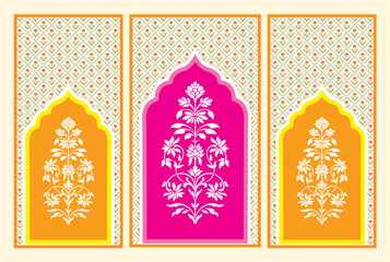 haldi backdrop decor design with Traditional Mughal Floral Motif Illustration. Antique Indian Mughal Floral Wall Art. botanical floral ethnic motif. prayer carpet © Artstory