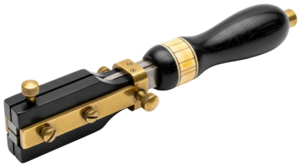 Adjustable leather craft tool with brass screws and black wood handle isolated on transparent background