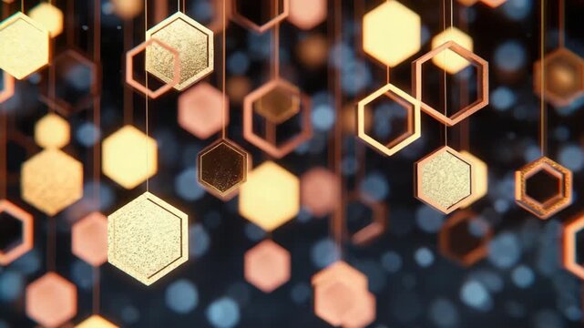 A modern futuristic abstract background featuring geometric gold copper hexagonal fractal shapes floating in dark space. The scene creates a high-tech, sci-fi atmosphere with depth and mystery