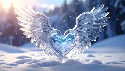 雪景色に佇む翼のあるクリスタルハート