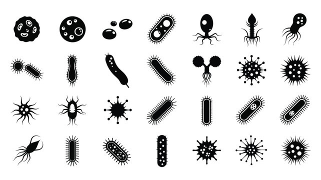 Various bacteria and virus shapes shown in a black silhouette