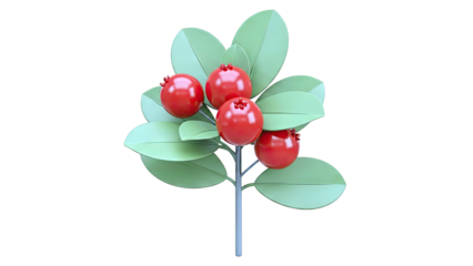 Stylized Pomegranate Branch with Red Fruits and Green Leaves