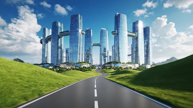 Futuristic cityscape with modern skyscrapers connected by skybridges over rolling green hills and road
