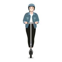 Smiling Woman Riding Electric Scooter with Helmet. Flat vector illustration isolated on white background
