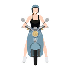 Smiling Woman Riding Scooter with Helmet Front View. Flat vector illustration isolated on white background