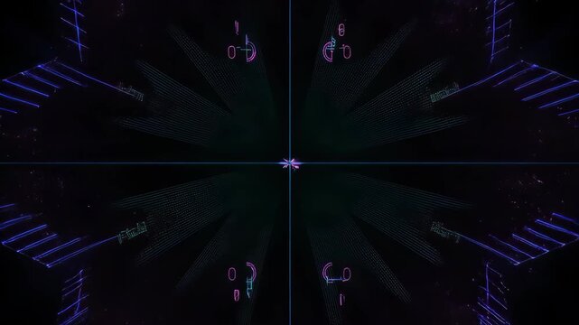 Four stylized illuminated glyphs arranged symmetrically on a dark background