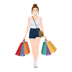 Happy Woman Carrying Shopping Bags in Casual Outfit. Flat vector illustration isolated on white background