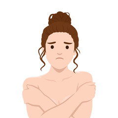 Sad Woman Hugging Herself in Vulnerable Emotional State. Flat vector illustration isolated on white background