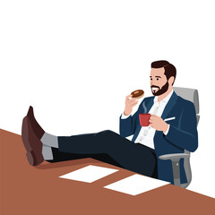 Relaxed Businessman Eating Donut and Drinking Coffee at Office. Flat vector illustration isolated on white background