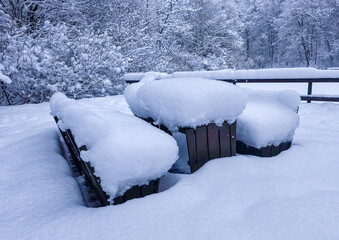 A peaceful winter scene featuring an empty park bench covered in a thick layer of fresh snow