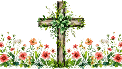 Christian cross with flowers Easter religious symbol PNG