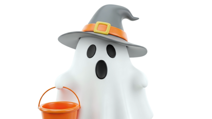 Cartoon Ghost Wearing Witch Hat and Holding Candy Bucket
