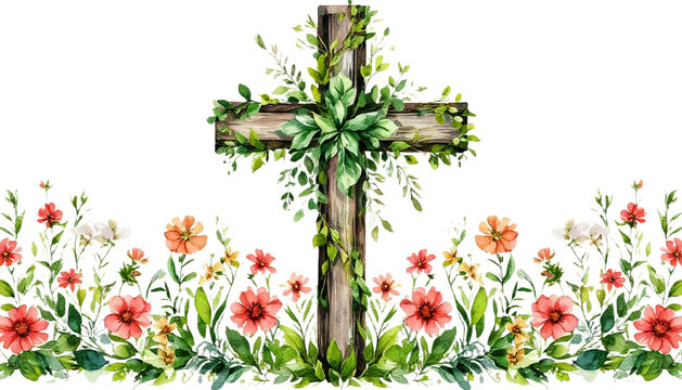 Christian cross with flowers Easter religious symbol PNG