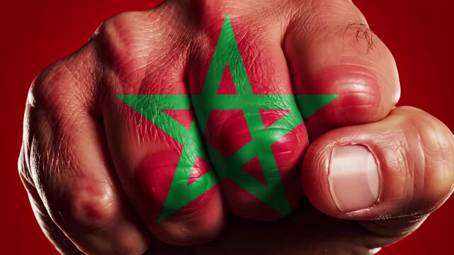 Fist with moroccan flag painted on knuckles against red background