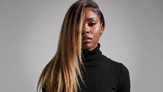 Stylish African American woman with long blonde hair poses for modern beauty and fashion content, embodying confidence, diverse beauty, and contemporary trends in digital media and lifestyle.