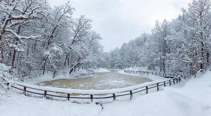 Landscape with Red Lake and Green Lake in Sovata resort - Romania in winter