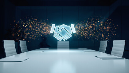Translucent Hologram Handshake in Modern Office Meeting Room