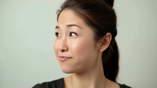 A portrait of an Asian woman showing playful facial expressions, smiling and smirking while looking to the left and right sides. The subtle change in gaze and expression conveys confidence,