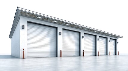 Modern white storage facility with multiple roll up doors and clean design