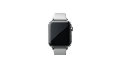 Sleek modern silver smartwatch featuring a blank black screen and white sport band elegantly isolated on transparent background