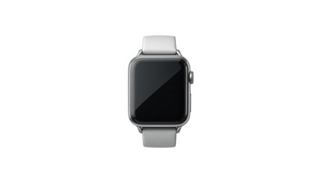 Sleek modern silver smartwatch featuring a blank black screen and white sport band elegantly isolated on transparent background - Powered by Adobe