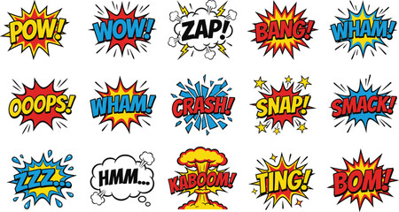 Fototapeta premium Comic pop art sound effects collection, colorful explosion speech bubbles, pow wow zap bang wham crash snap boom vector illustration set retro cartoon graphic