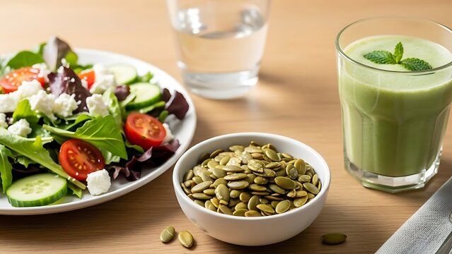 Healthy Culinary Collection: An inviting composition showcases the essence of wholesome living, with a vibrant green smoothie and crisp salad. Also. - Powered by Adobe