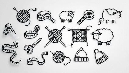 Knitting and crochet tools and accessories doodle set.