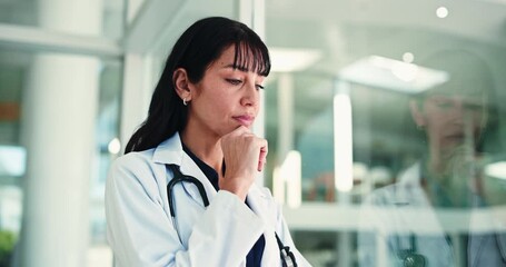 Tired, woman or doctor think in hospital, patient diagnosis reflection or treatment solution. Thoughtful, fatigue or mature surgeon with medical insight for healthcare, specialist perspective or idea